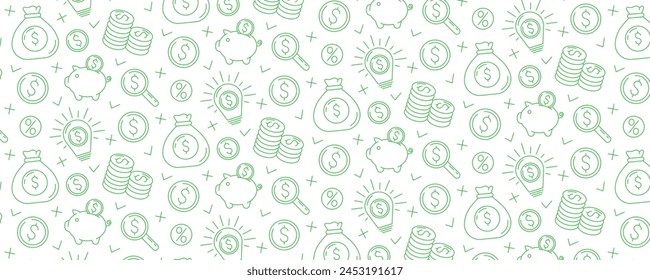 Business and finance seamless pattern with flat vector green line icons of piggy bank, stack of coins, dollar sign, magnifying glass, money bag, light bulb with money idea. For cover, wrapping paper