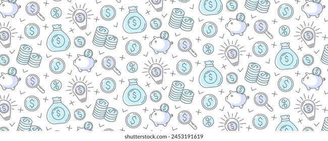 Business and finance seamless pattern with flat vector blue line icons of piggy bank, stack of coins, dollar sign, magnifying glass, money bag, light bulb with money idea. For cover, wrapping paper