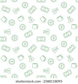 Business and finance seamless pattern with flat vector green line icons of coins, dollar bill,wallet, money bag. For cover, wrapping paper