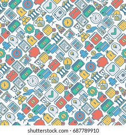 Business and finance seamless pattern with thin line icons related to financial strategy, planning, human thinking and start up. Vector illustration for banner, web page, print media.