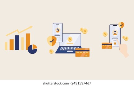 Business finance and secure payment concept. Illustration of growing chart and confiendital mobile online transaction. For social media, mobile app, web, landing page, infographic, poster, banner