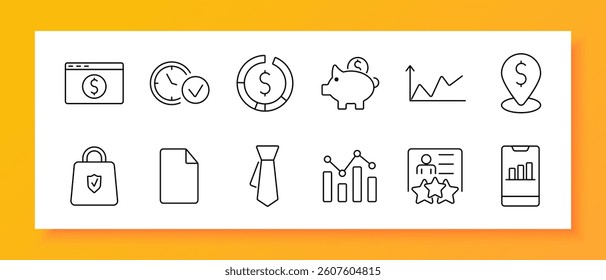 Business and finance set icon. Browser with dollar, time check, segmented circle, piggy bank, chart line, money marker, secure bag, document, tie, network chart, profile rating, smartphone bar