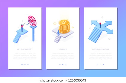 Business And Finance - Set Of Isometric Vector Vertical Web Banners With Copy Space For Text. Businessman Hitting Target, With Coins Stack, On The Crossroads. Financial Success, Decision Making Theme