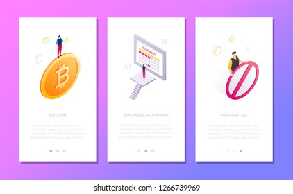 Business and finance - set of isometric vector vertical web banners with copy space for text. A businessman with bitcoin, calendar, stop sign. Cryptocurrency, time management, prohibited concepts