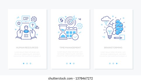 Business and finance - set of line design style vertical web banners with copy space for text. Images of a CV, hourglass, calendar, lightbulb, brain. Human resources, time management, brainstorming