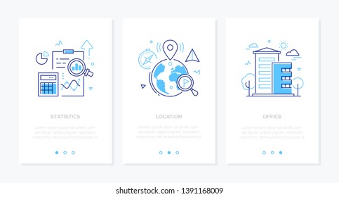 Negocio y finanzas - conjunto de banners web verticales de diseño de línea con espacio de copia para texto. Imágenes de un portapapeles, diagramas, globo con punteros de mapa, construcción. Estadísticas, ubicación, conceptos de oficina