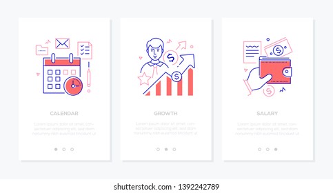 Business and finance - set of line design style vertical web banners with copy space for text. Images of a calendar, diagrams, hand holding a wallet. Time management, financial growth, salary concepts