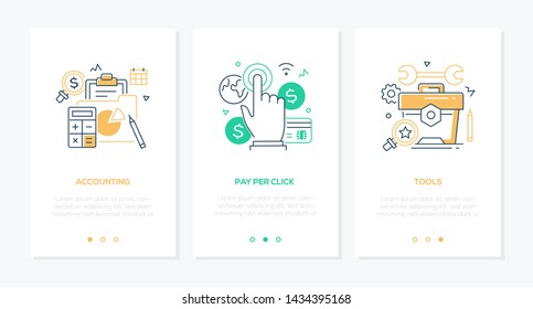 Business and finance - set of line design style vertical web banners with copy space for text. Images of a calculator, diagrams, button, wrench, instruments. Accounting, pay per click, tools concepts