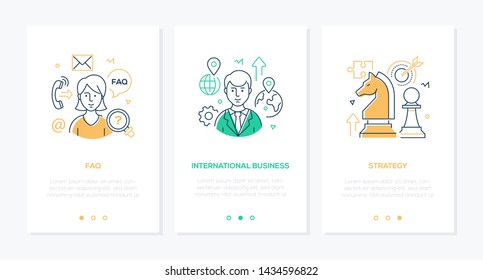 Business and finance - set of line design style vertical web banners with copy space for text. Images of businessman, call center operator, chess knight. FAQ, international communication, strategy