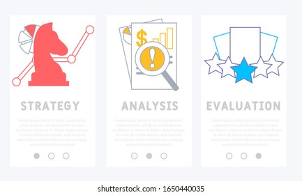 Business and finance - set of line design style vertical web banners with copy space for text. Images chess knight. analysis, evaluation,  strategy