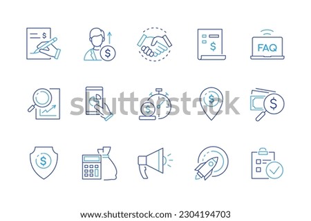 Business and Finance - set of modern line design style icons on white background. Sign a contract, profit, handshake, cash, project launch, rocket, investment, start-up, good deal, statistics growth
