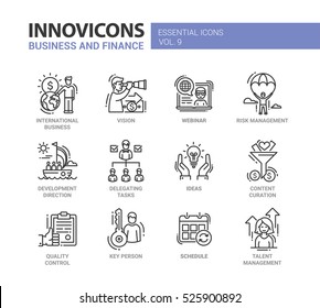 Business and finance - set of modern vector thin line flat design icons. International, vision, risk management, development, delegating, content curation, quality, key person, talent