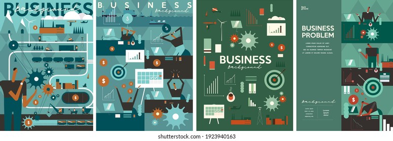 Business and finance. Set of vector flat illustrations. Business success and business problems. Businessman on the background of the city starting the process. Cover, poster, background.