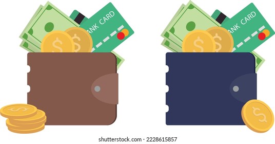 Negocios y finanzas. Conjunto de carteras ilustraciones vectoriales de dinero en efectivo y tarjetas bancarias