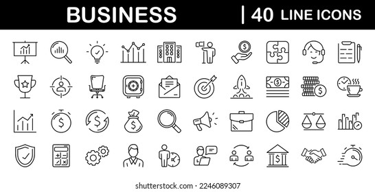 Business and finance set of web icons in line style. Finance and business. Money, business process, bank, team work, office, payment, strategy, management, accounting, infographic. Vector illustration