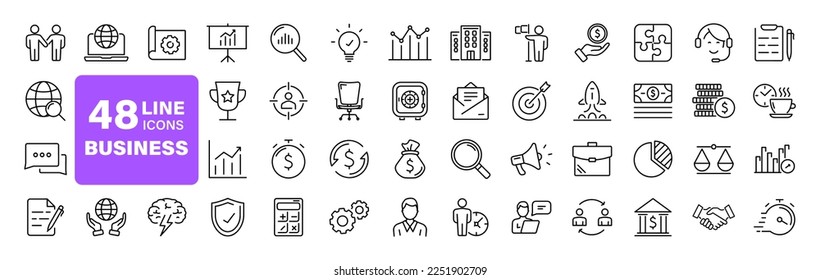 Business and finance set of web icons in line style. Finance and business. Money, business process, bank, team work, office, payment, strategy, management, accounting, infographic. Vector illustration