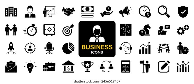 Business and finance set of web icons. Finance and business. Money, business process, bank, team work, office, payment, strategy, management, accounting, infographic. Solid vector icons collection