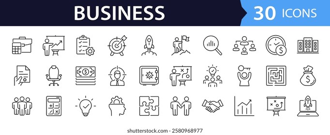 Business and finance set of web icons in line style. Finance and business. Money, business process, bank, team work, office, payment, strategy, management, accounting, infographic. Vector illustration