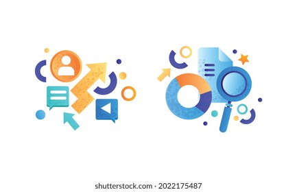 Business and Finance Signs Set, Diagram, Magnifying Glass, Paper Document, Management, Strategy, Marketing Symbols Flat Vector Illustration