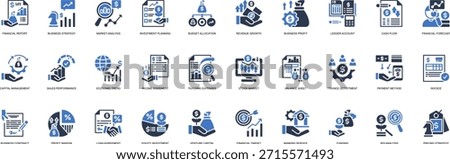 Business And Finance solid style icon set. Containing Financial Report, Business Strategy, Market Analysis, Investment Planning, Budget Allocation