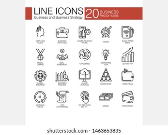 business and finance. Business strategy. Icon collection. Computer, communication, business analysis, marketing idea, target, deal agreement.