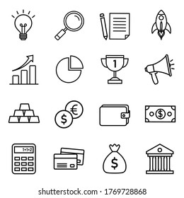 Business and finance strategy outline set icons on white background. black money and bank symbol concept. vector illustration in flat style modern design.