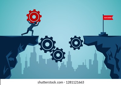 business finance success concept.  businessman who raised the red gear to be a bridge leads to the goal red flag. So that the organization can be driven. illustration cartoon vector