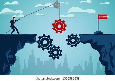 business finance success concept.  businessman who pull the red gear With rope to be a bridge leads to the goal red flag. So that the organization can be driven. illustration cartoon vector