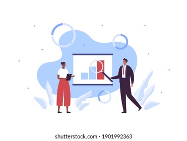 Business and finance success concept. Vector flat people illustration. Column chart sign. Group of male and female multiethnic corporate employee in suit show presentation.