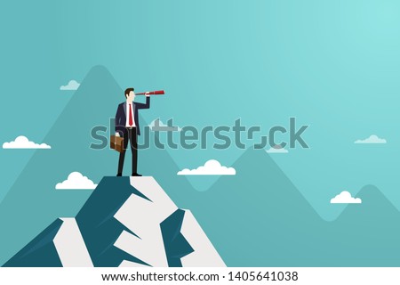 Business finance, Successful vision concept with character of businessman and telescope, A man standing on top of mountain, Looking of sucess, Leadership, Business Startup, Vector illustration flat