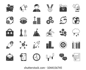 Business and finance symbols. Monochrome icons set isolate on white background. Business finance icon, investment and crowdfunding, exchange money and startup, vector illustration