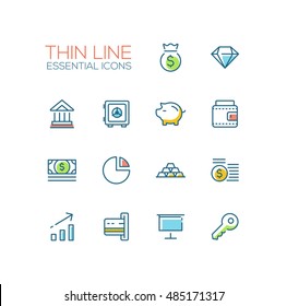 Business, finance symbols - set of modern vector thick line design icons and pictograms. Money bag, diamond, bank, vault etc