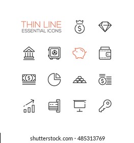 Business, Finance Symbols - Set Of Modern Vector Thin Line Design Icons And Pictograms. Money Bag, Diamond, Bank, Vault, Piggy Bank, Wallet, Dollar Bill, Pie Chart, Credit Card, Presentation, Key