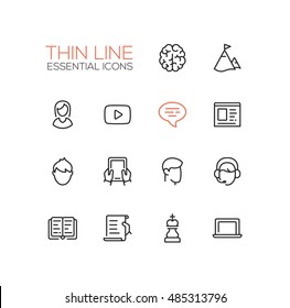 Business, finance symbols - set of modern vector thin line design icons and pictograms. Brain, mountains, female, play button, news, male, tablet, headset, book, scroll chess piece laptop