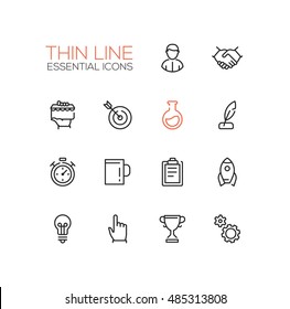 Business, finance symbols - set of modern vector thin line design icons and pictograms. Male, handshake, targeting, quill, stopwatch, mug, clipboard, rocket, bulb pointing hand cup cogs