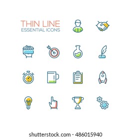 Business, finance symbols - set of modern vector thin line design icons and pictograms. Male, handshake, targeting, quill, stopwatch, mug, clipboard, rocket, bulb pointing hand cup cogs