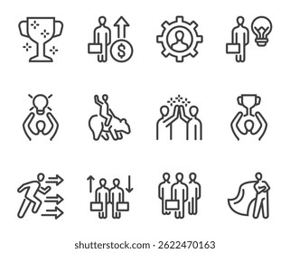 Business finance team office work success line art icons set. Flat graphic design cartoon illustration