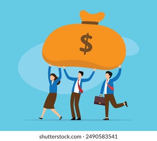 Business or Finance Team Success. Employees Carrying Giant Money Bag 2d flat vector illustration