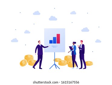 Business finance teamwork concept. Vector flat person illustration. Businessman make presentation to people of different ethnics. Column diagram and money sign. Design element for banner, background.