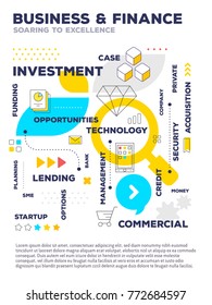 Business, finance template composition concept. Vector creative color illustration of graph business project with header, text, icons on white background. Flat line art style design of business report