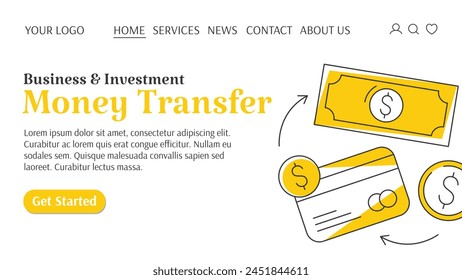 Business and finance template for website. Cash, payment card, coin, money transfer, banking transaction service concept. For banner, landing page. Vector illustration, flat style