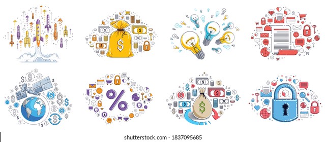 Business and finance theme different vector illustrations set with a lot of simple icons, trendy design drawings commercial theme collection, diversity of symbols and signs.