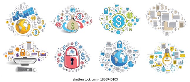 Business and finance theme different vector illustrations set with a lot of simple icons, trendy design drawings commercial theme collection, diversity of symbols and signs.