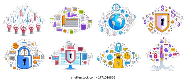 Business and finance theme different vector illustrations set with a lot of simple icons, trendy design drawings commercial theme collection, diversity of symbols and signs.