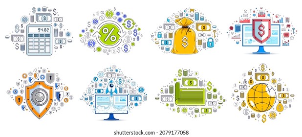 El tema de negocios y finanzas diferentes ilustraciones vectoriales establecidas con un montón de iconos simples, dibujos de diseño de moda colección de temas comerciales, diversidad de símbolos y signos.