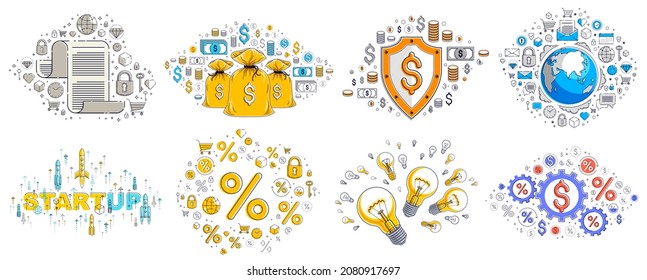 Business and finance theme different vector illustrations set with a lot of simple icons, trendy design drawings commercial theme collection, diversity of symbols and signs.
