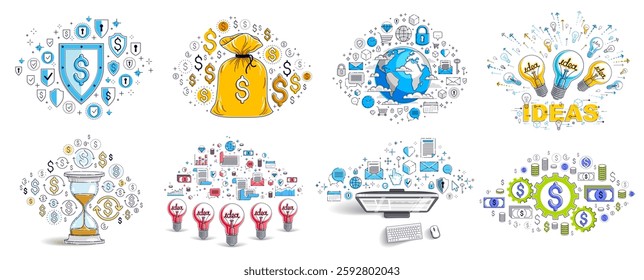 Business and finance theme different vector illustrations set with a lot of simple icons, trendy design drawings commercial theme collection, diversity of symbols and signs.