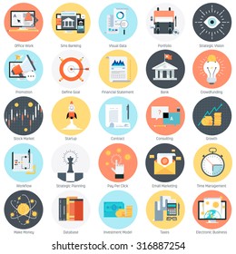 Business and finance theme, flat style, colorful, vector icon set for info graphics, websites, mobile and print media.