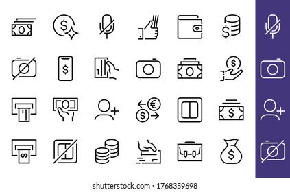 BUSINESS and FINANCE Thin Line Icon Set, contains icons such as Coins, Currency Exchange, Card Payment, Terminal and much more, Editable Line, Vector Illustration.