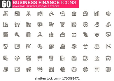 Business Finance Thin Line Icon Set. Financial Accounting And Audit Outline Pictograms For Web And Mobile App GUI. Online Banking Simple UI, UX Vector Icons. 48x48 Pixel Perfect Linear Pictogram Pack.